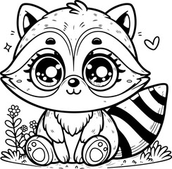 Raton laveur Line art dessin au trait style kawaii de personnage heureux pour page ou livre de coloriage pour enfant. Vecteur noir totalement transparent et isolé du fond. 
