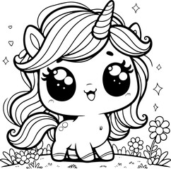 Licorne Line art dessin au trait style kawaii de personnage heureux pour page ou livre de coloriage pour enfant. Vecteur noir totalement transparent et isolé du fond. 
