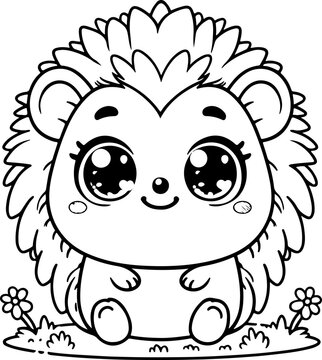 recommend clip art: Hérisson Line art dessin au trait style kawaii de personnage heureux pour page ou livre de coloriage pour enfant. Vecteur noir totalement transparent et isolé du fond. 