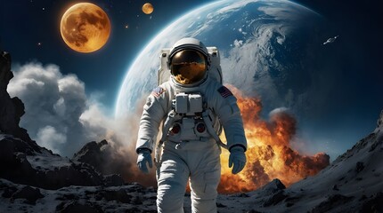 astronaut walking on sunshine, vfx explosions in the background, parting the sea, split the moon, summer breeze, big wave, tropical pacific Generative AI