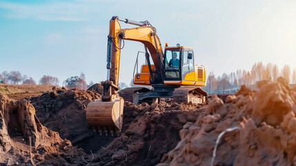 Obraz premium Backhoe working by digging soil at construction site. Crawler excavator digging on soil. Excavation vehicle. 