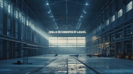 image of interior a large industrial warehouse building. AI generated