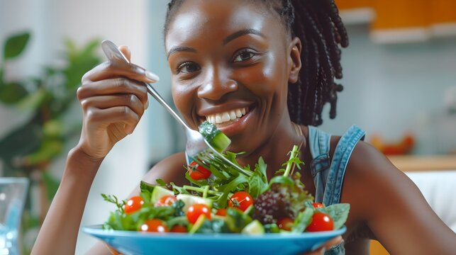 Happy woman enjoying a fresh green salad at home. Bright kitchen background. Smiling and eating healthy food. Concept of a healthy lifestyle and wellness. AI