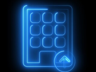 A glowing blue neon icon of a keypad with a cancel button in the bottom right corner, set against a black background.