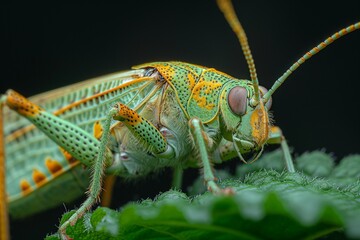 Fototapeta premium a bright green and yellow grasshopper sitting on green leaves