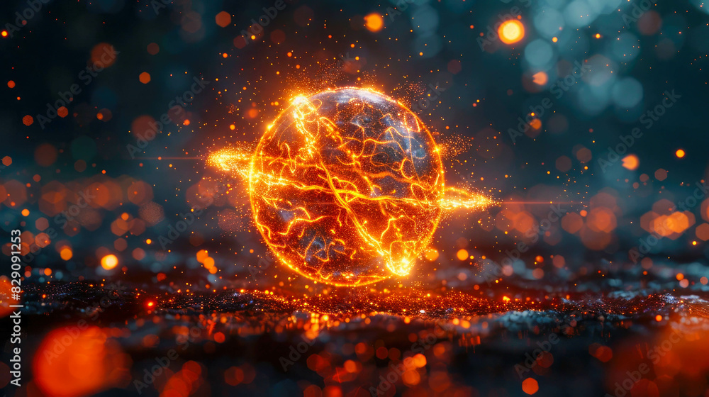 Poster abstract yellow background with golden wireframe round sphere with particles, space for text
