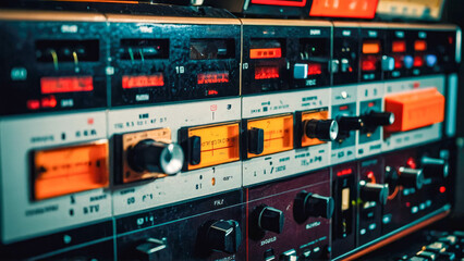 Obraz premium Close-up of old retro radio receiver music cassette audio tape recorder dark room. Selective focus