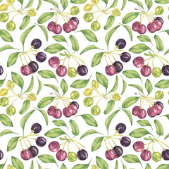 Maqui berry, purple pink fruit seamless pattern with leaves. Aristotelia chilensis textile watercolor ornament clipart. Vibrant Chilean wineberry print for clothing, paper, scrapbooking, wallpaper