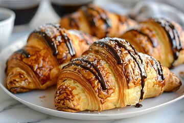 Three croissants with chocolate sauce on plate