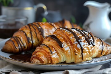 Two croissants on plate with chocolate sauce