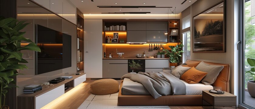 Modern small studio interior with royal brown details.