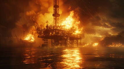 Obraz premium A horrific scene with explosions and fire. An oil rig, bursting with oil, people running for thier livesfireworks.generative ai
