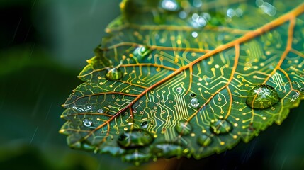 Close-up of a rain drop on a vibrant tree leaf with subtle digital circuitry patterns, illustrating the harmony between technology and nature