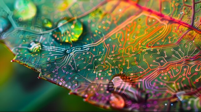 Close-up of a rain drop on a vibrant tree leaf with subtle digital circuitry patterns, illustrating the harmony between technology and nature