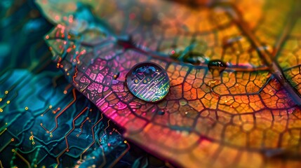 Close-up of a rain drop glistening on a colorful leaf, enhanced by intricate technological patterns to depict the union of nature and tech