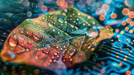 Close-up of a rain drop glistening on a colorful leaf, enhanced by intricate technological patterns to depict the union of nature and tech