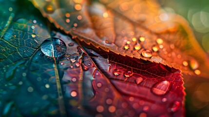 Close-up of a rain drop glistening on a colorful leaf, enhanced by intricate technological patterns to depict the union of nature and tech