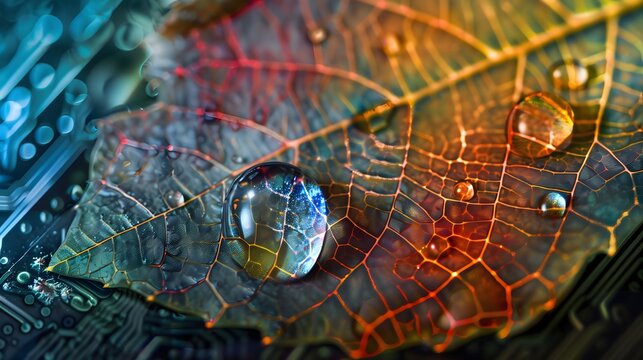 Close-up of a rain drop glistening on a colorful leaf, enhanced by intricate technological patterns to depict the union of nature and tech