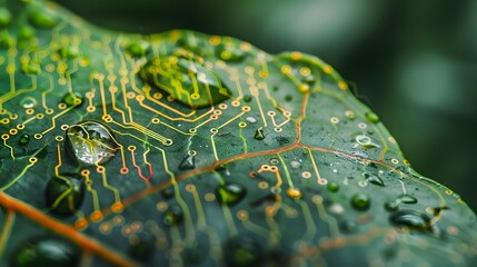 Close-up of a single rain drop on a vivid leaf, with faint digital circuits enhancing the natural texture, symbolizing the interconnectedness of tech and nature