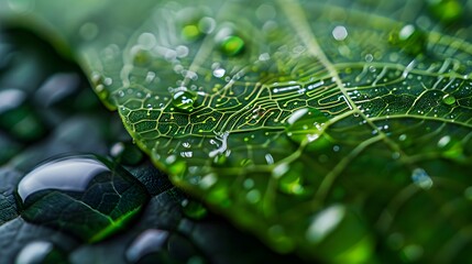 Close-up of a single rain drop on a vivid leaf, with faint digital circuits enhancing the natural texture, symbolizing the interconnectedness of tech and nature