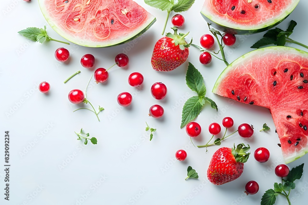 Wall mural Multiple watermelon pieces and cherries on table