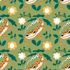 Seamless pattern with cute cartoon leopard gecko. Vector illustration.