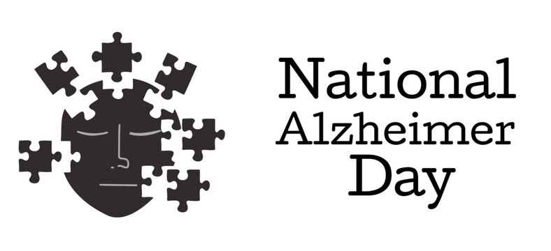 National Alzheimer Day banner. Portrait disintegrating into many puzzles. Conceptual vector illustration. Dementia.