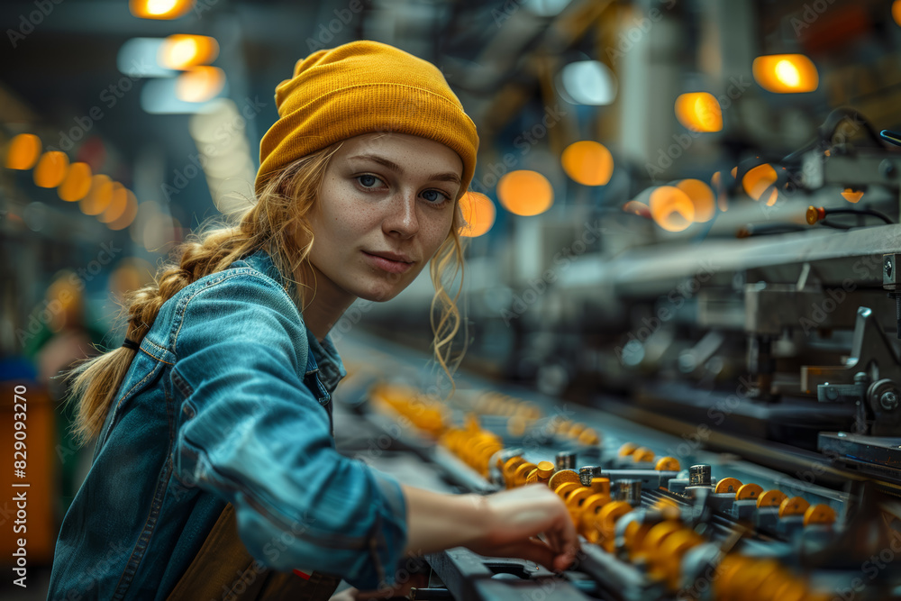 Poster a factory worker assembling parts on a production line. concept of industry and efficiency. generati
