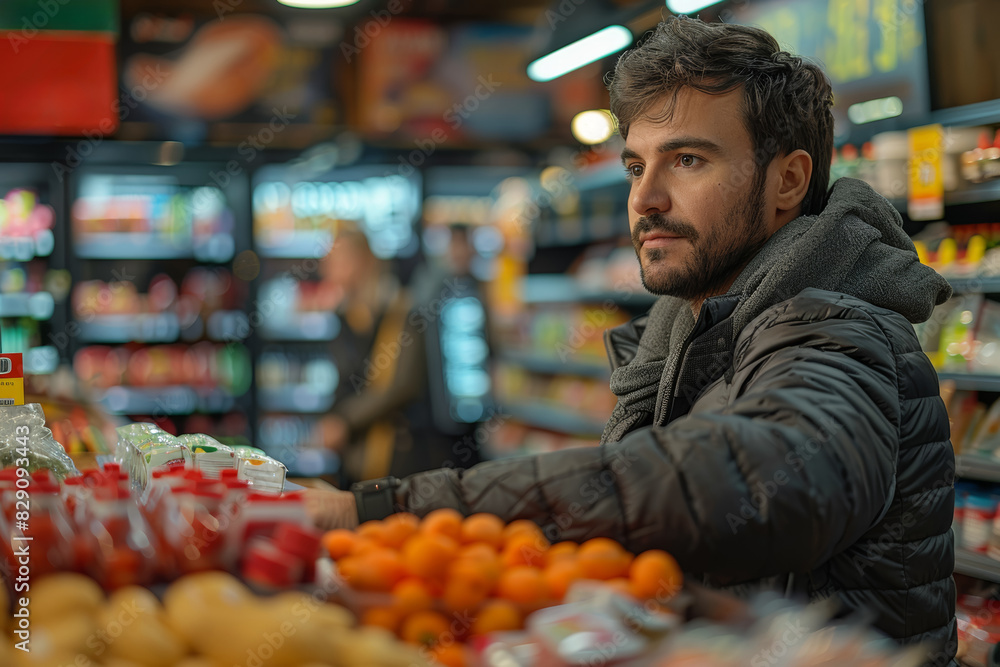 Poster a clerk scanning groceries at a checkout counter. concept of retail and efficiency. generative ai.