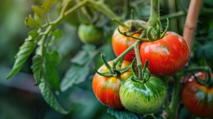 Tomatoes in the vegetable garden turn red and green as they mature