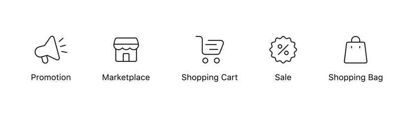 Shopping & E-commerce line icons set. Shopping cart icon. Marketplace shop store icon. Promotion loudspeaker icon. Sale badge icon percent sign. Shopping bag icon - Web editable stroke icons © icons gate