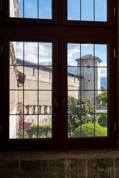 View of palace through a window, Buonconsiglio Castle Museum, Trentino-Alto Adige, South Tyrol, Italy