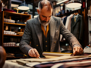 Tailor at Work: Elegantly dressed tailor measuring fabric with precision in a classic, well-lit workshop, surrounded by meticulously arranged suits and textiles, showcasing expert craftsmanship