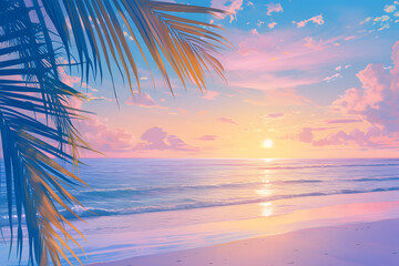 Sunset on the beach. Sunset over the ocean in pastel pink and blue colors. Tropical beach with the ocean, pink sky and palm tree. Concept of paradise. For poster, card, wallpaper.