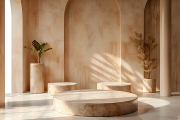 Three circular tables and potted plant