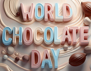 A poster for world chocolate day with chocolates in the background