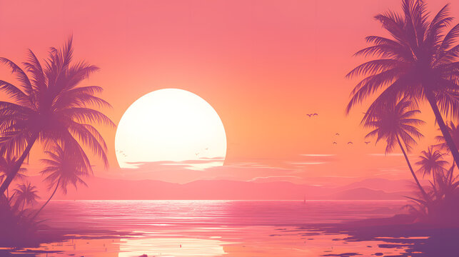 Sunset on the beach. Tropical sunset with pink sky sunset, ocean, palm silhouettes. Summer vibes concept. Paradise dream. Pink peach color wallpaper in 2024 color trend