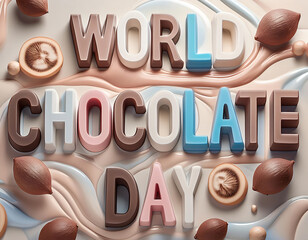 A poster for world chocolate day with chocolates in the background