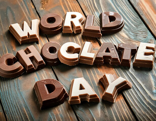 A poster for world chocolate day with chocolates in the background