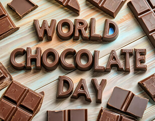 A poster for world chocolate day with chocolates in the background