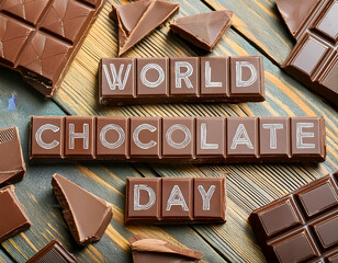 A poster for world chocolate day with chocolates in the background