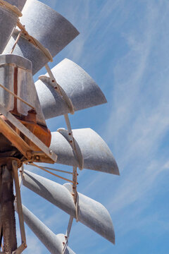 Close-up of the blades of an Old-fashioned metal wind pump, Western Australia, Australia