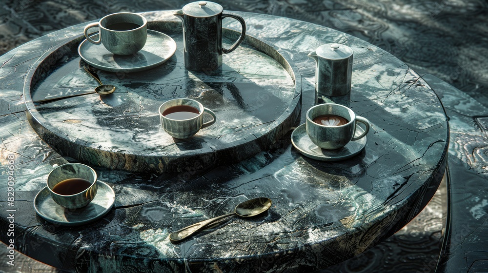 Poster a table filled with cups and spoons, perfect for cafes and coffee shops. generative ai