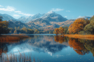 Obraz premium The tranquil expanse of a shimmering lake, its mirrored surface reflecting the vibrant hues of surrounding foliage and distant mountains. Concept of reflective waters. Generative Ai.