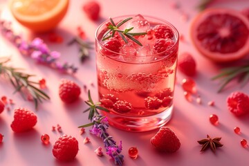 A macro photo of a refreshing raspberry cocktail with ice, garnished with rosemary and surrounded by fresh raspberries, lavender, and citrus fruits on a pink background.