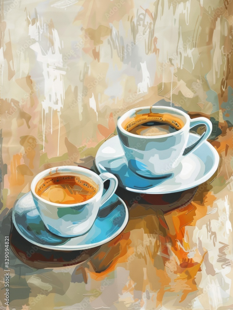 Aufkleber two cups filled with coffee resting on a wooden table. generative ai