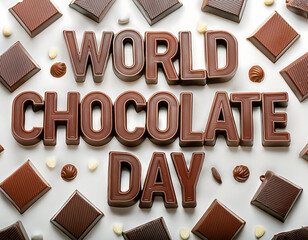 A poster for world chocolate day with chocolates in the background