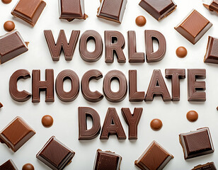 A poster for world chocolate day with chocolates in the background