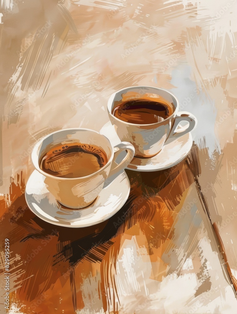 Poster a painting featuring two cups filled with coffee placed on a table. generative ai