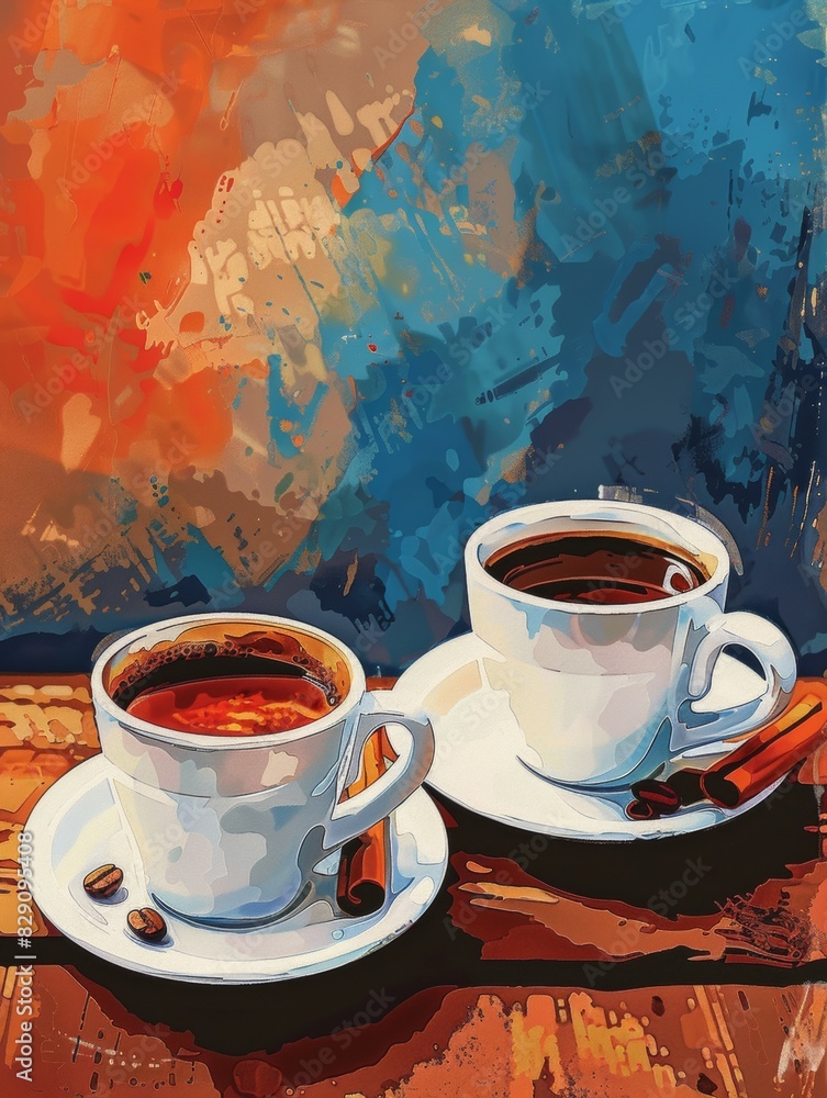 Aufkleber painting featuring two cups of coffee on a table. generative ai